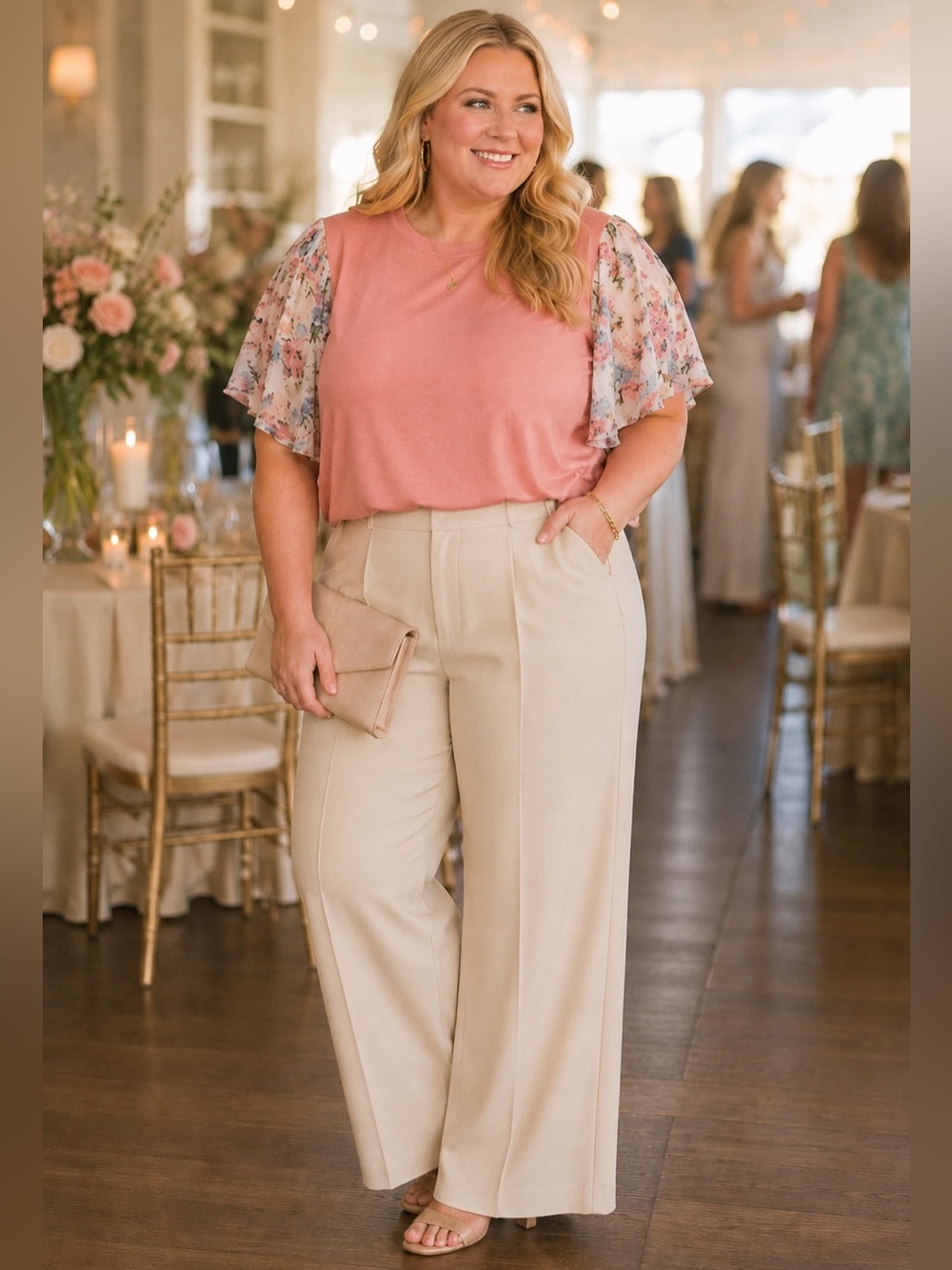 EMERY ROSE - Floral Sleeve Pink Top 1x